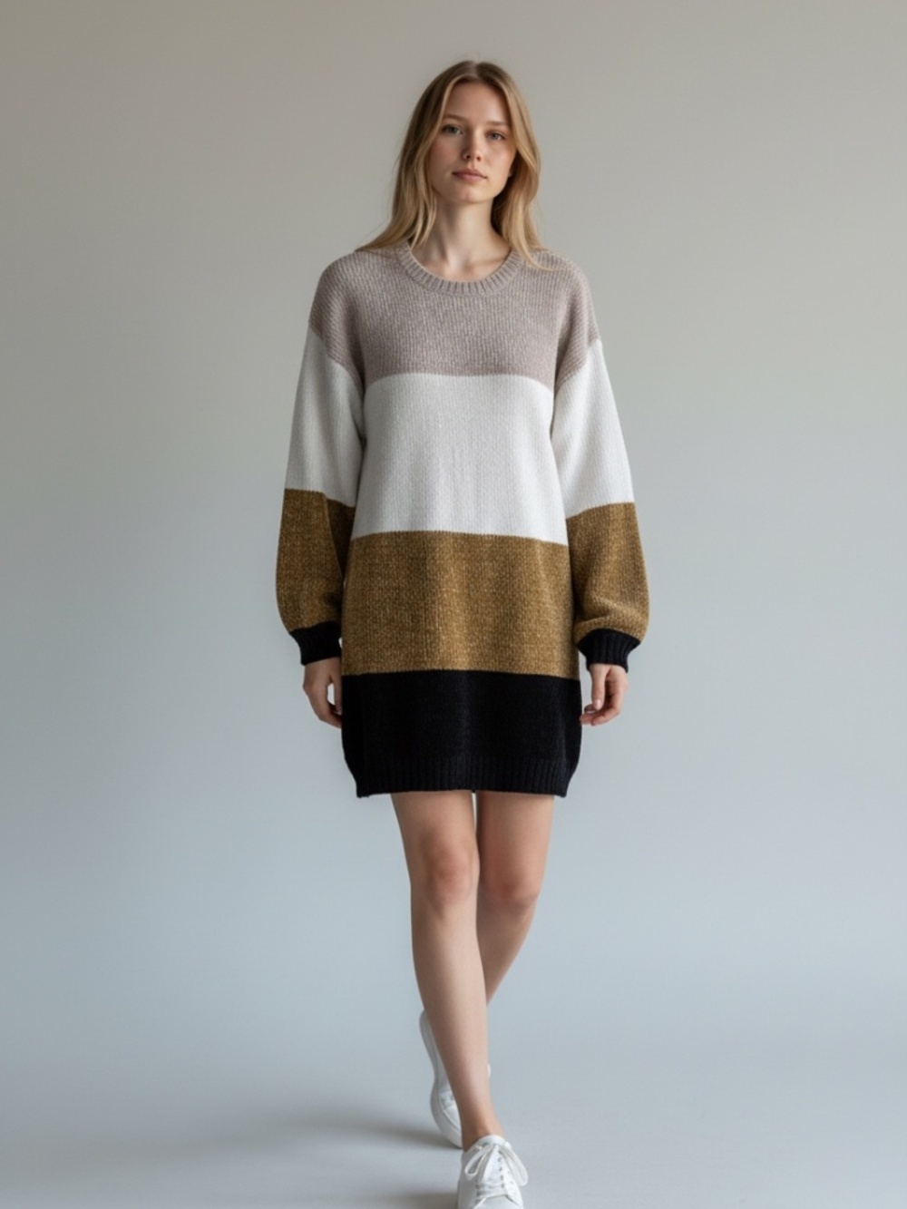 Allison Brittney Colorblock Striped Knit Sweater Dress Neutral Size Medium
